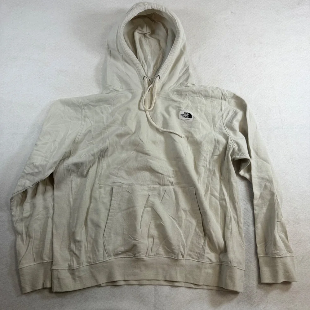 The North Face Mens XXL Cream Pullover Hoodie Logo Patch Off White Sweatshirt